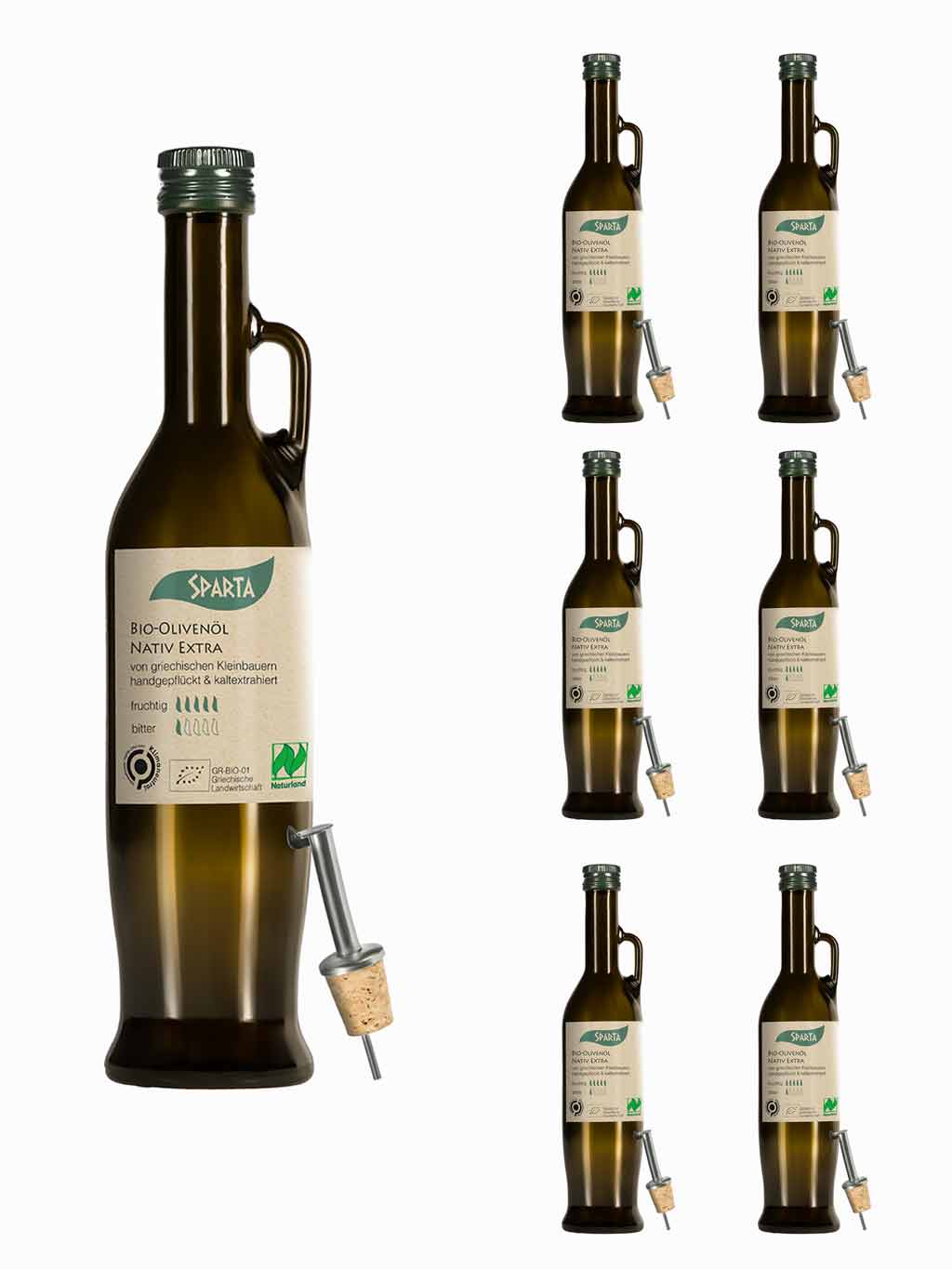 Links ist die Sparta Glasflasche mit Bio Olivenöl und dem Ausgießer in Großformat zu sehen. Rechts ist sechs mal die Flasche mit dem Ausgießer in kleinerem Format zu sehen.