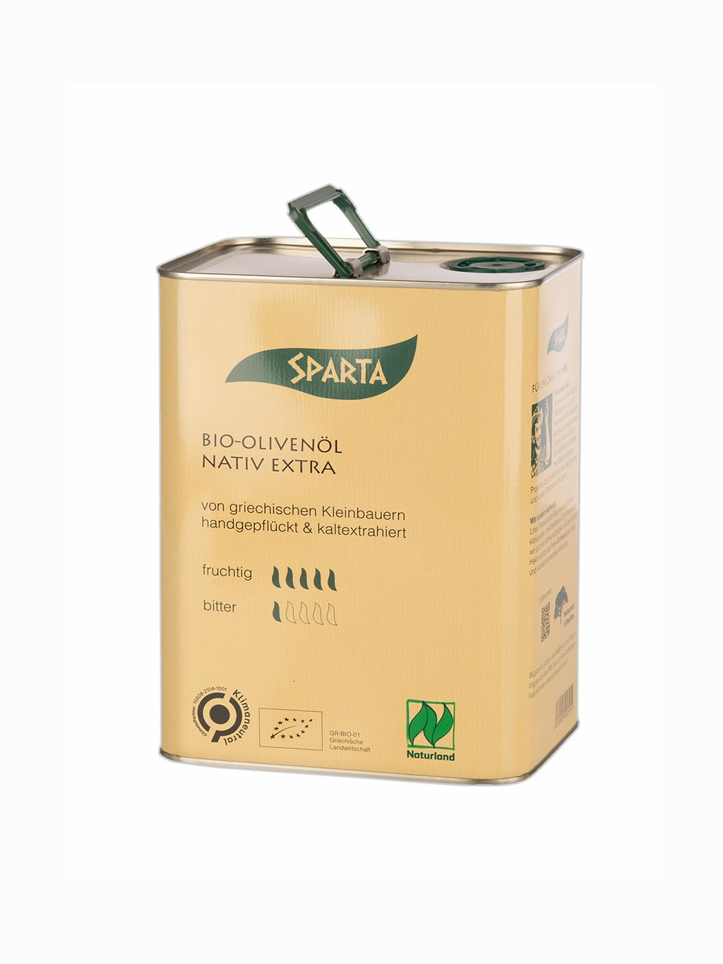 Ein gelber rechteckiger Kanister der Marke Sparta. Der Kanister enthält Bio Olivenöl nativ extra von griechischen Kleinbauern. Handgepflückt und kaltextrahiert mit fruchtig-mildem Geschmack. Mit dem Bio Siegel, Naturland Siegel und Klimapartner Siegel.