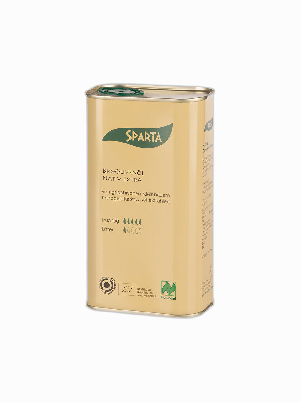 Ein gelber länglicher Kanister mit 1L Bio Olivenöl der Marke Sparta. Der Kanister enthält Bio Olivenöl nativ extra von griechischen Kleinbauern. Handgepflückt und kaltextrahiert mit fruchtig-mildem Geschmack. Mit dem Bio Siegel, Naturland Siegel und Klimapartner Siegel.